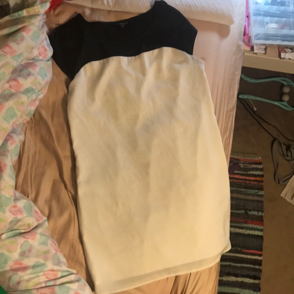 Express color block black white blue satin dress